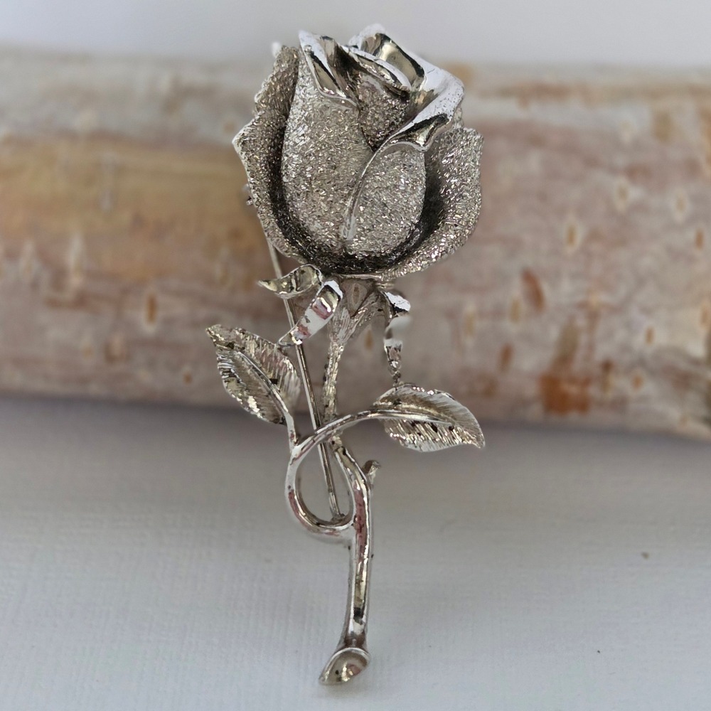 Rose Brooch Silver Textured Long Stem Floral Pin